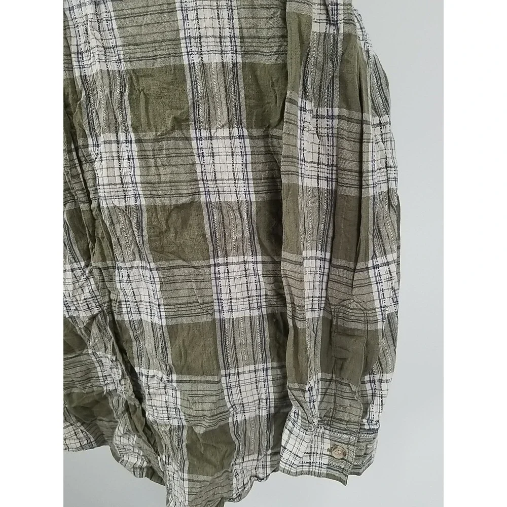 Basic Editions Womens Large Plaid Long Sleeve Button Up Shirt Green White